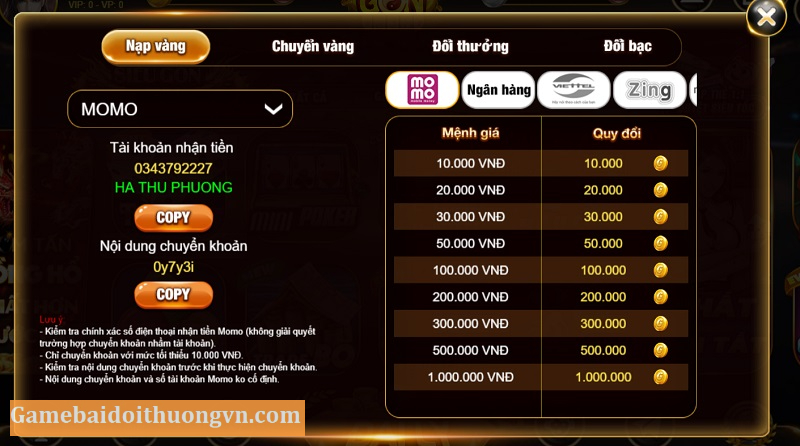 Gon Vin hỗ trợ phương thức nạp tiền qua ví điện tử Momo